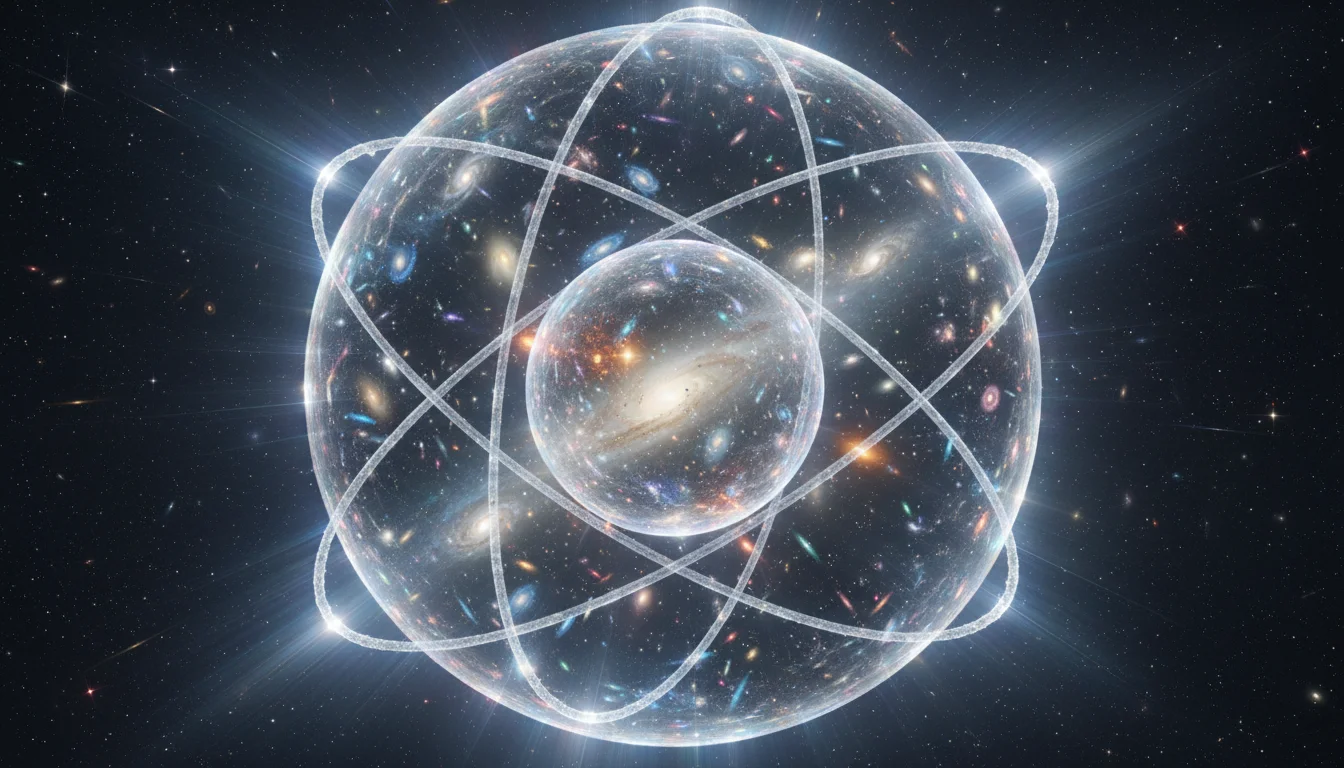 Vizuální metafora atomu zvětšeného na velikost celého pozorovatelného vesmíru s mlhovinami a galaxiemi uvnitř jeho struktury.