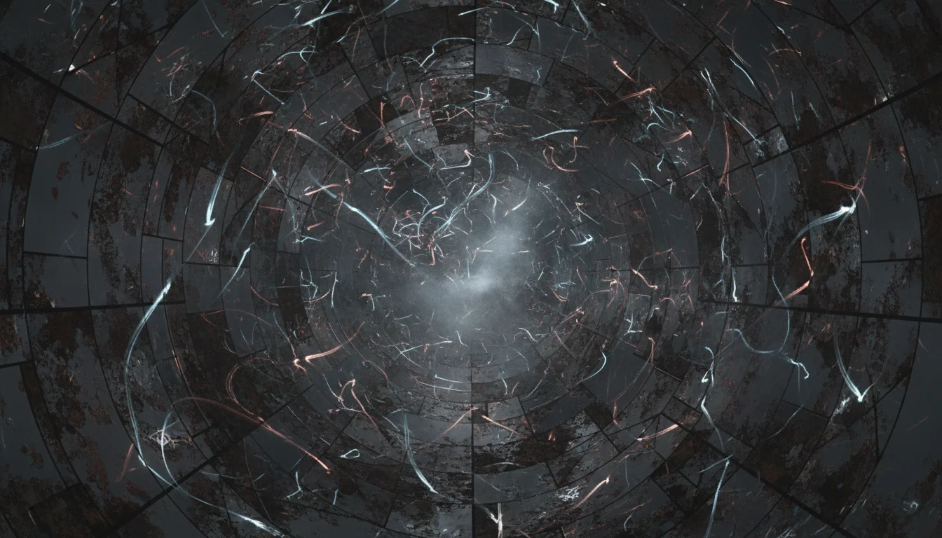 Pohled do vnitřku temné zrcadlové koule, kde se miliony světelných paprsků kříží a postupně vyhasínají v červeném tepelném oparu.