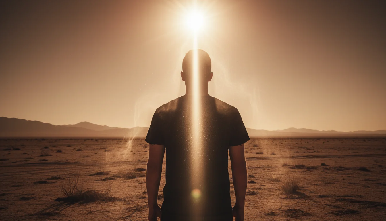 Pohled zezadu na člověka v černém tričku, na které dopadá intenzivní sluneční paprsek.