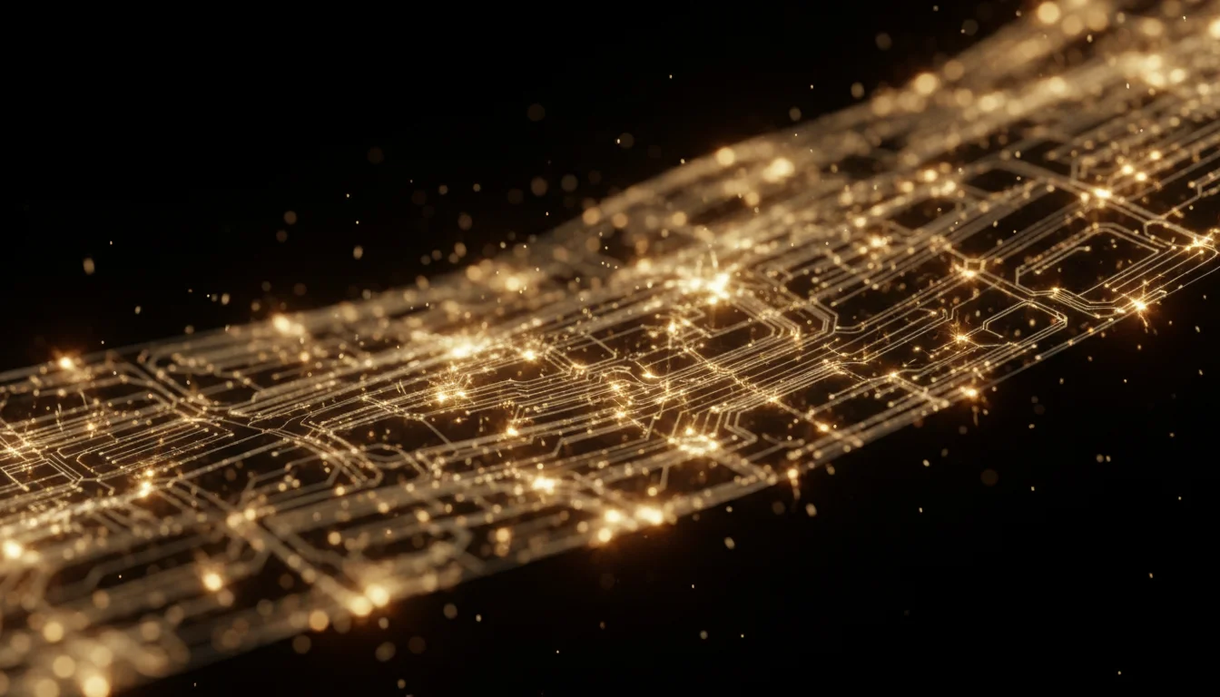 AI ilustrace: Detailní záběr na povrch zrcadlové plachty, do které narážejí částice světla a předávají jí energii.