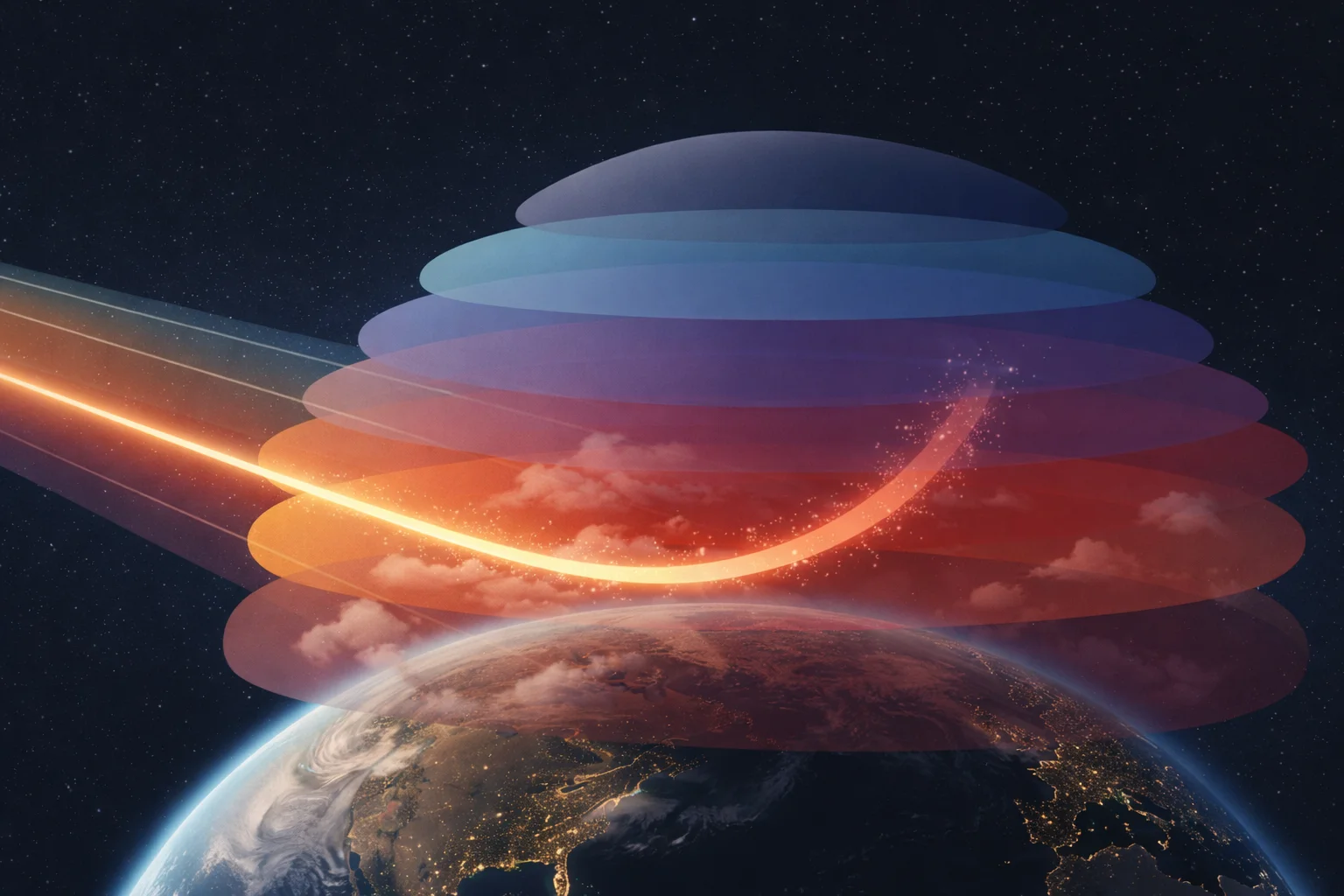 Průchod světla atmosférou Země – stylizovaná ilustrace.