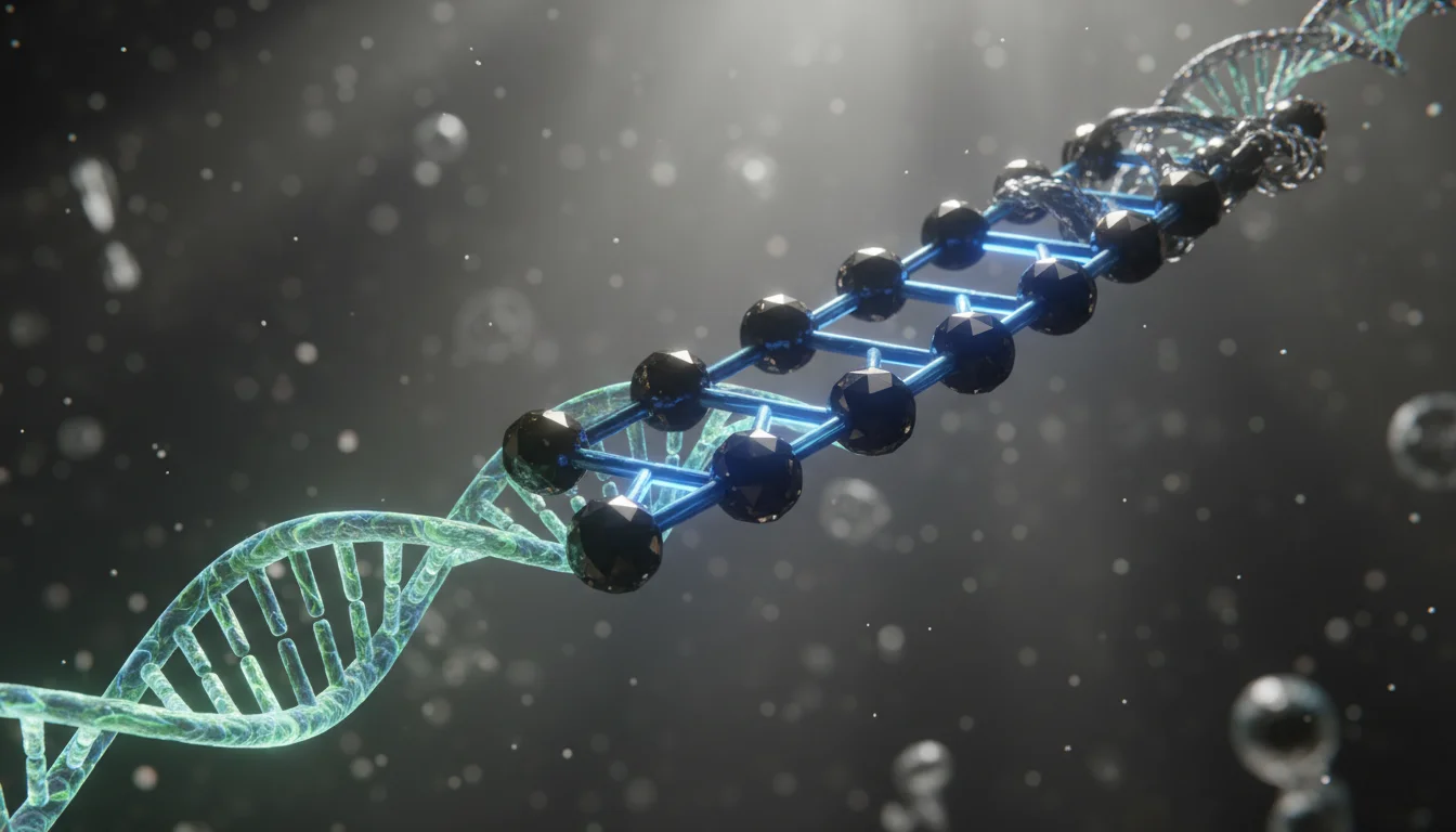 AI ilustrace: Pohled na nekonečný řetězec uhlíku jako pevnou kostru, která plynule přechází ve strukturu DNA a polymeru.