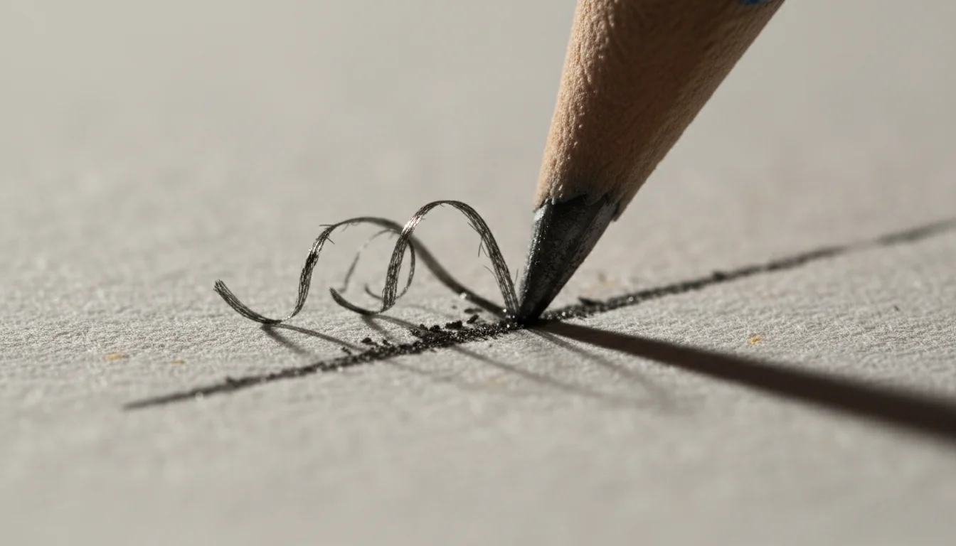 Detailní záběr na hrot tužky píšící na papír, kde se odlupují jemné vrstvy šedého grafitu.