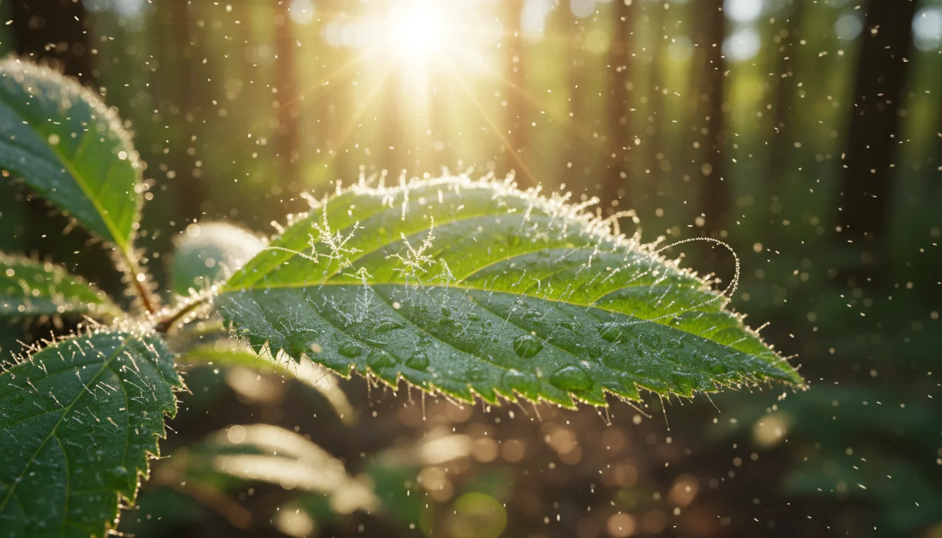 Detailní pohled na list v lese, do kterého pronikají sluneční paprsky a mění neviditelný plyn v pevnou strukturu rostliny.