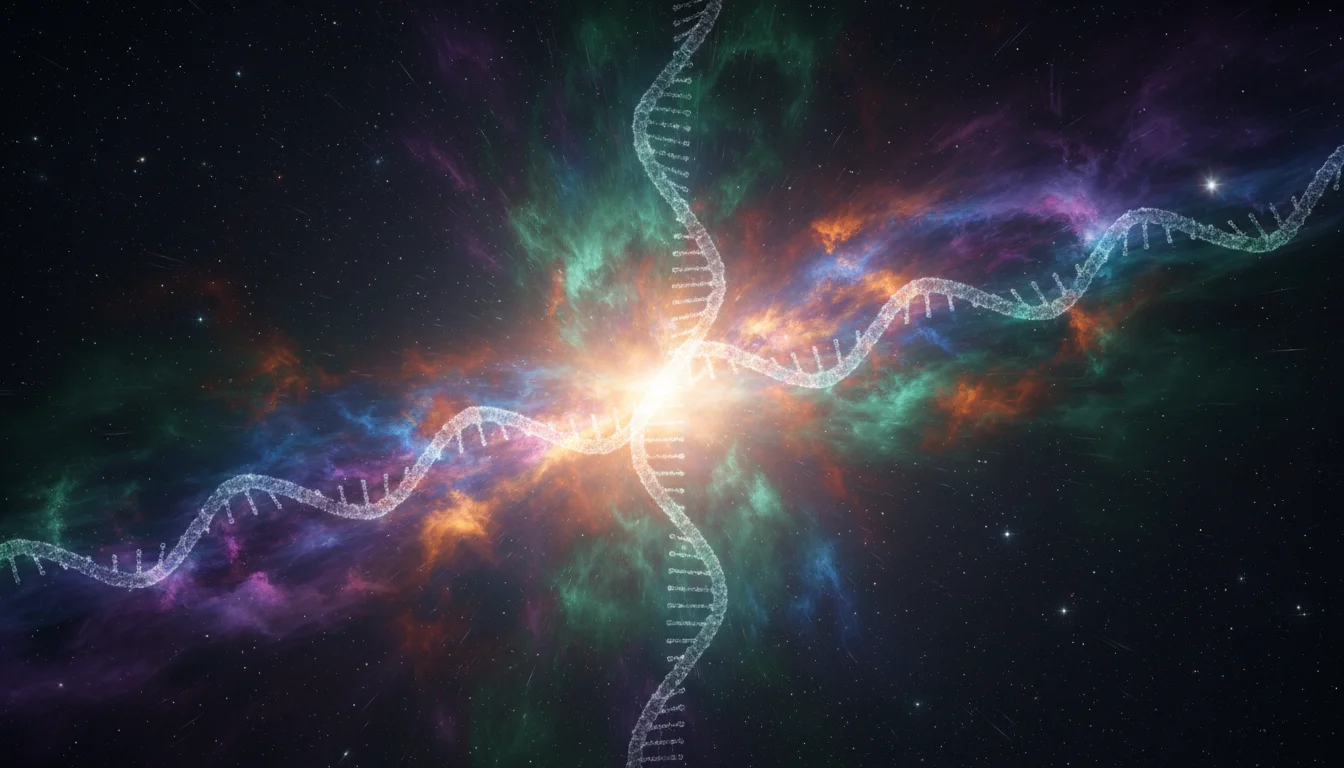 Výbuch supernovy rozprašující hvězdný prach do vesmíru, symbolizující původ lidstva z prvků hvězd.