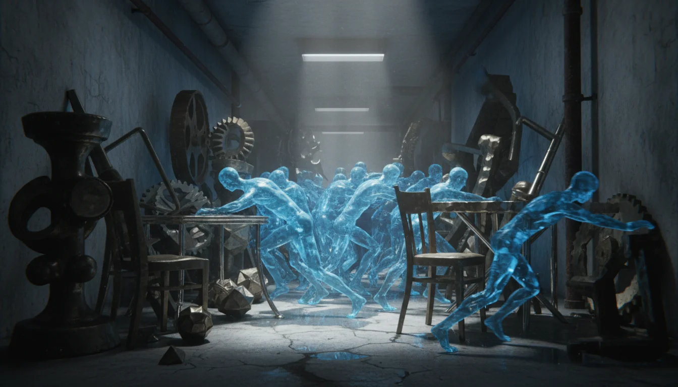 Vizualizace elektrického odporu jako davu postav prodírajících se chodbou plnou překážek.