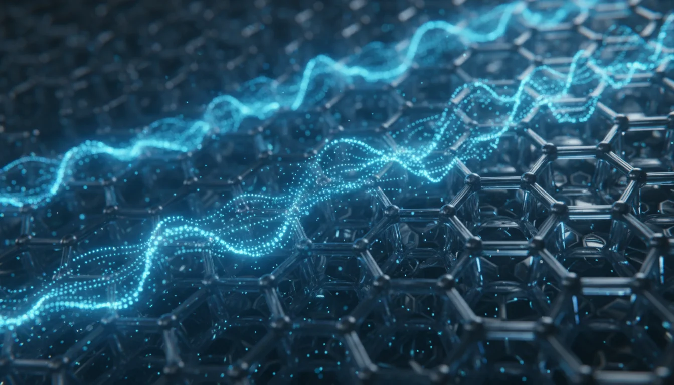 Ilustrace: Makrofotografie zářících modrých elektronů tvořících Cooperovy páry, které se synchronizovaně pohybují jako vlnění energie v krystalové mřížce kovu.