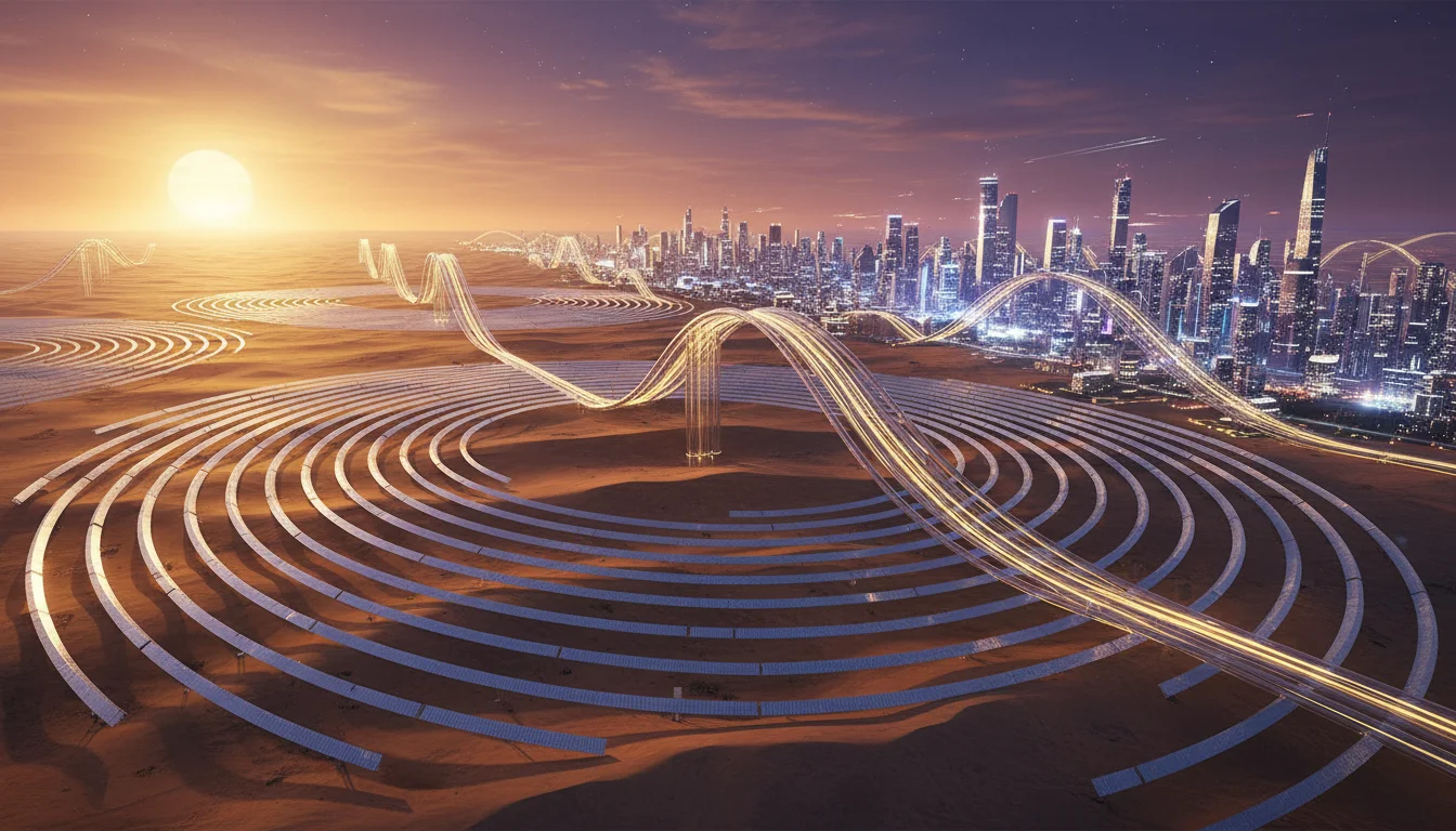 Vizuální koncept globální energetické sítě, kde supravodivé kabely přenášejí čistou energii z pouštních solárních polí do vzdálených měst bez energetických ztrát.