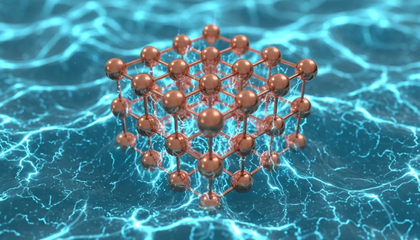 Vizuální znázornění kovové vazby s tekoucím mořem modrých elektronů mezi atomy mědi.