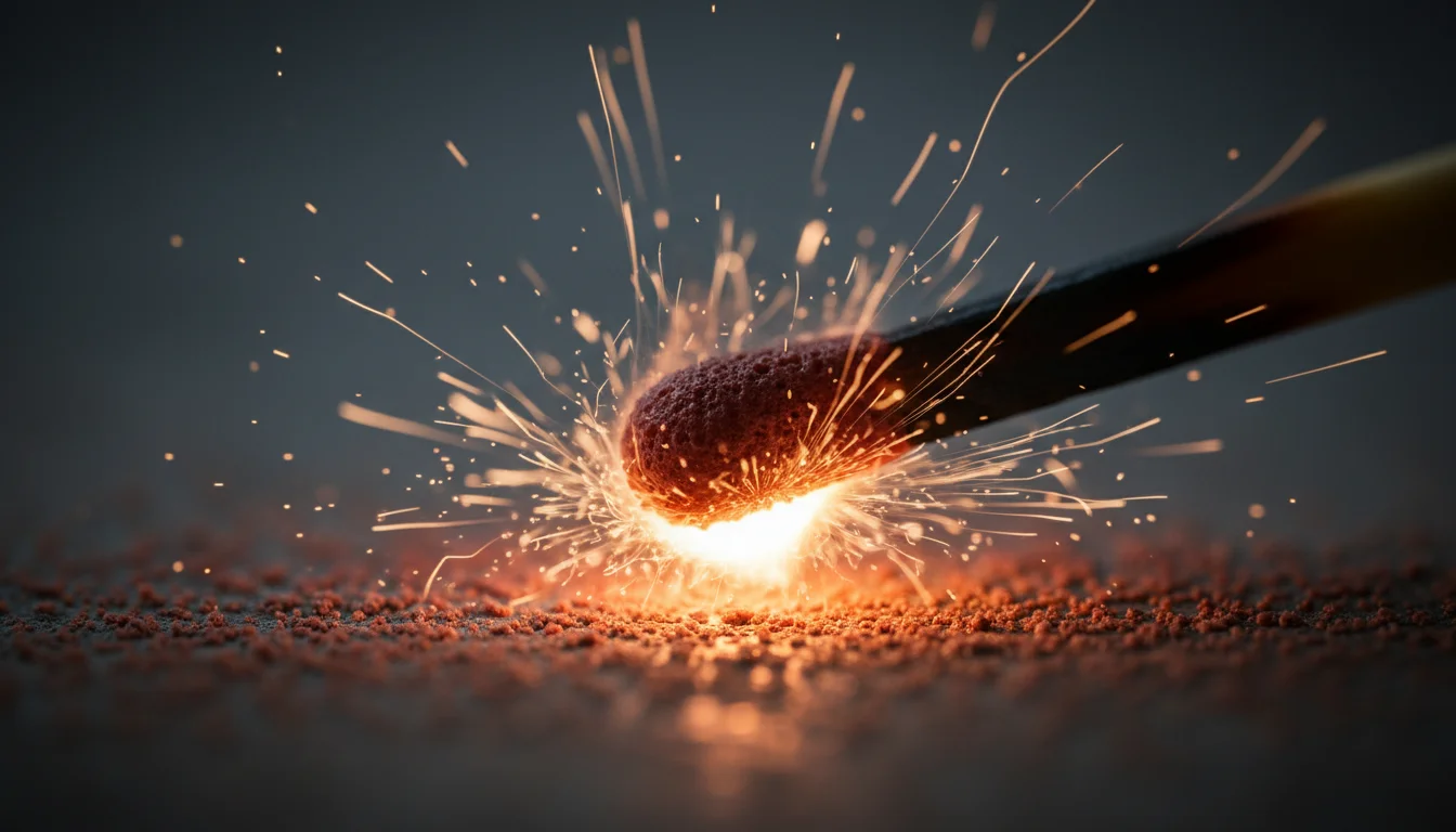 Záběr na okamžik tření hlavičky zápalky o škrtátko se vznikajícími jiskrami a počátkem zážehu fosforu.