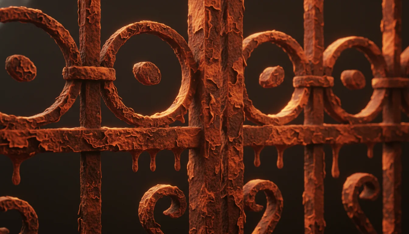 Záběr na rezavějící železnou bránu, která metaforicky žhne jako pomalý oheň bez plamenů.