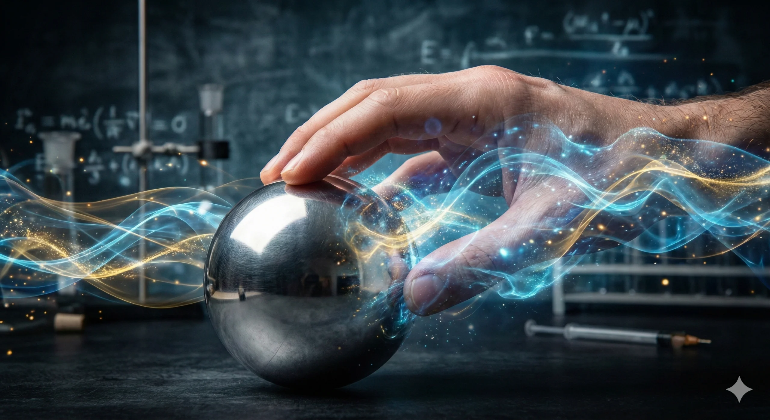 Detail ruky, která se snaží uchopit kovovou kuličku, ale ta se jí mezi prsty mění v zářící energetickou mlhovinu a světelné vlny