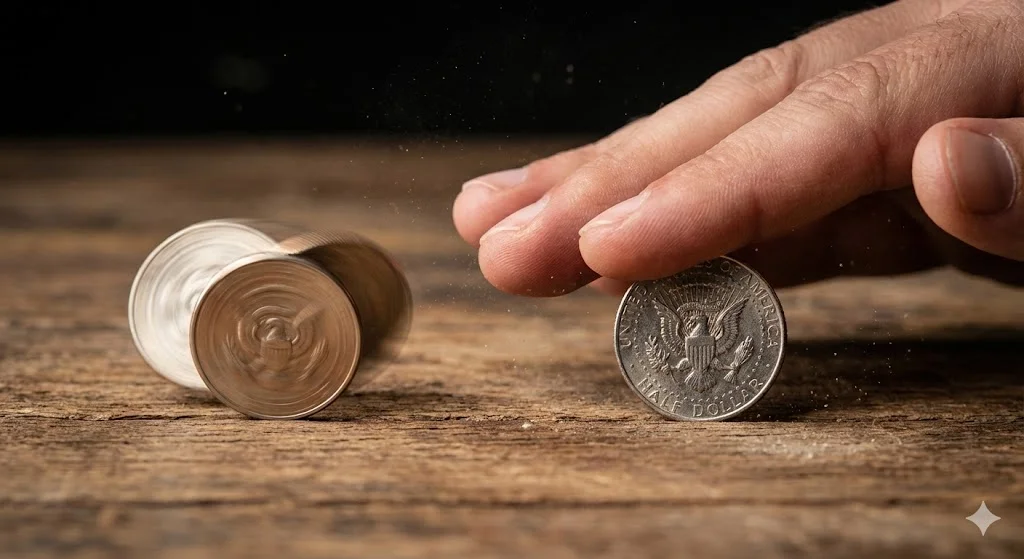 Vlevo se mince točí jako rozmazaná šmouha, vpravo ji ruka plácnutím zastavila a odhalila stranu s orlem. Metafora kolapsu kvantové superpozice.