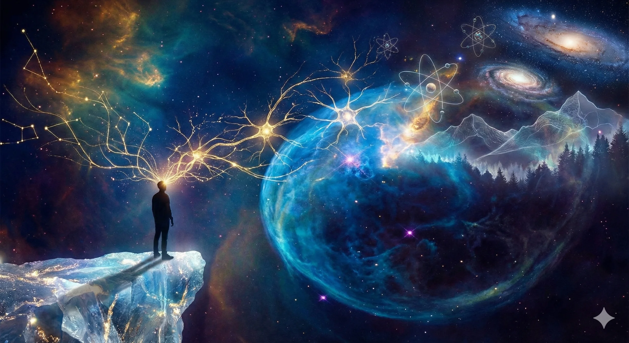 Mysteriózní scéna která symbolizuje propojení lidského vědomí a reality.