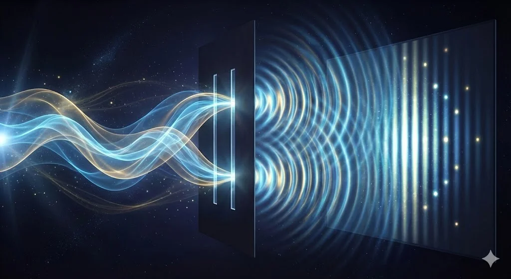 Kvantová vlna procházející dvěma štěrbinami a tvořící interferenční vzor.