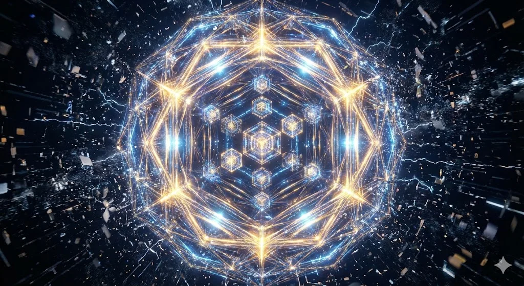 Abstraktní zobrazení stabilního časového krystalu chránícího data před okolním chaosem.