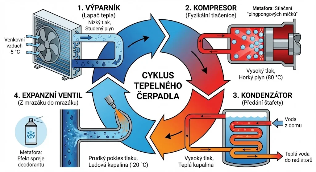 Čtyři fáze cyklu tepelného čerpadla